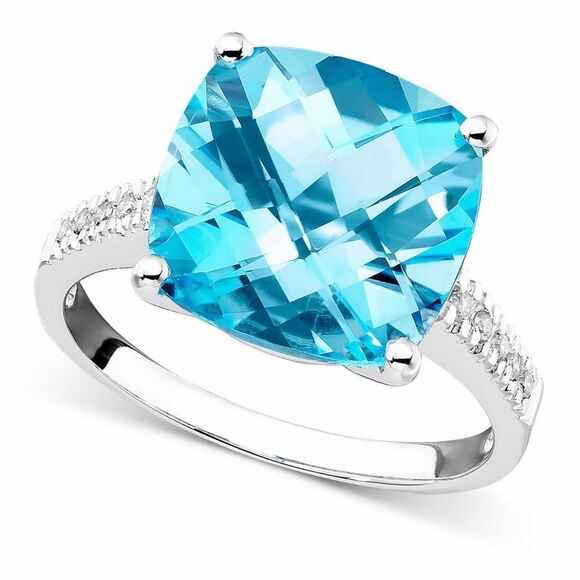 BLUE TOPAZ & DIAMOND ACCENT RING 14 K GOLD - Picture 1 of 15